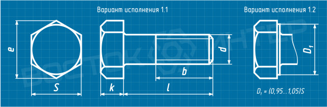 Чертеж высокопрочного болта ГОСТ Р 52644-2006 с увеличенным размером под ключ