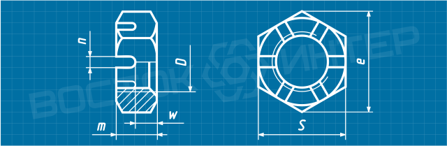 Креслення гайки корончатої і прорізної низької DIN 937 шестигранної